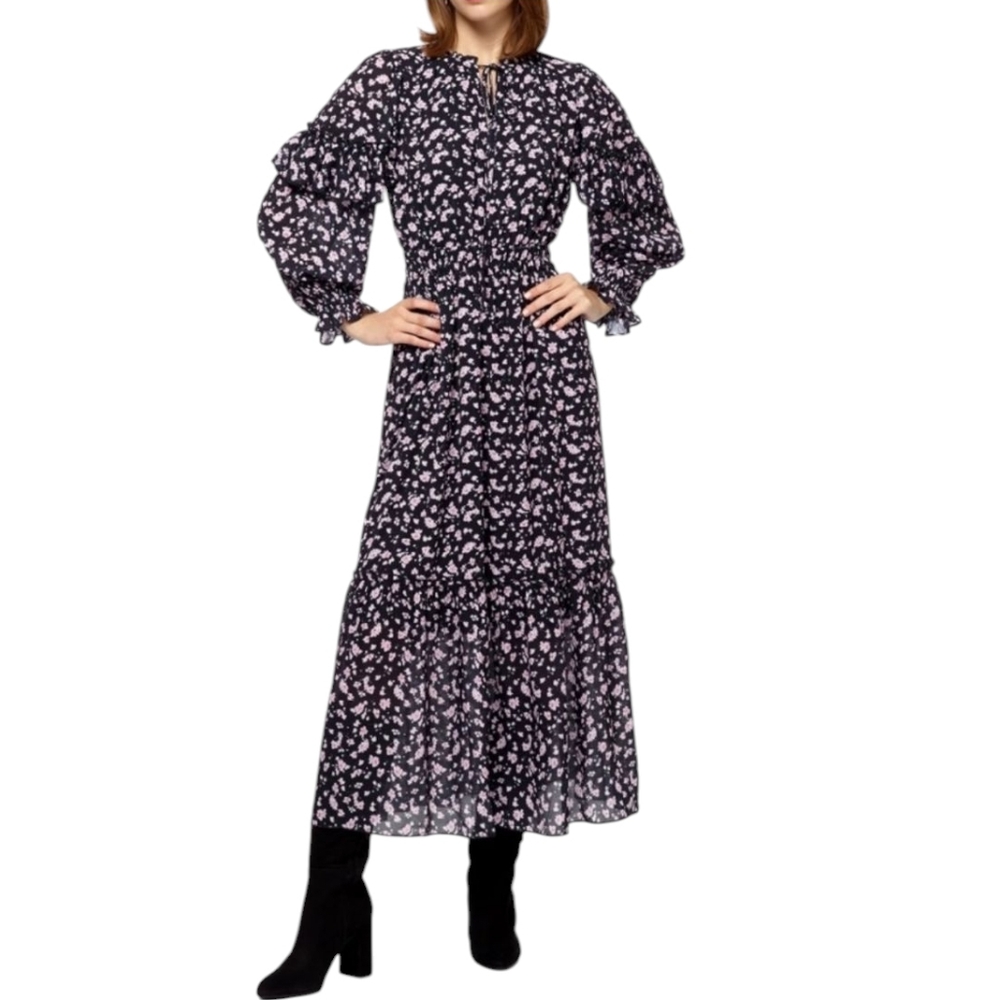 Stellah Floral Print Neck Tie Ruffle Midi Dress